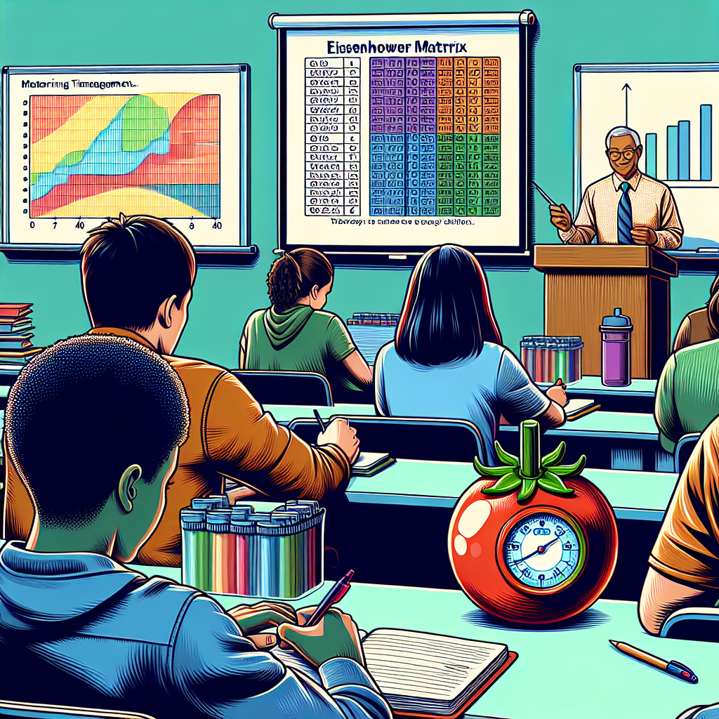 Imagine an academic setting. In this scene, you can see a diverse group of students; an Asian male student and a Black female student are sitting at their desks, notebooks and pens ready. On the board at the front of the room, a professor is explaining the Eisenhower Matrix, a colorful grid that illustrates time management strategies. On one of the student's desks, a vibrant tomato-shaped timer - a symbol of the Pomodoro Technique - is ticking away, giving a sense of dedication and discipline. This image represents the journey of these students mastering time management for academic success.