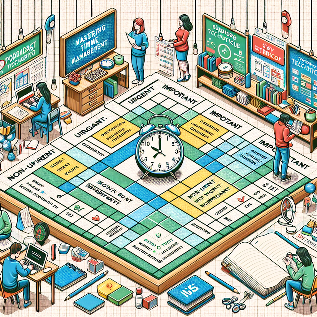 Create a detailed educational image that showcases 'Mastering Time Management for Students: Your Path to Academic Success'. In this picture, display practical strategies for time management, such as the 'Eisenhower Matrix' conceptualized as a grid with four quadrants, labeled as 'urgent and important', 'non-urgent but important', 'urgent but not important', and 'non-urgent and not important'. Also, incorporate the 'Pomodoro Technique' represented by a traditional kitchen timer, set for a study period of 25 minutes. All this happening within the setting of a school, featuring diverse students of different genders and descents actively engaging in these techniques to enhance their productivity and reduce stress as they embark on their academic journeys.