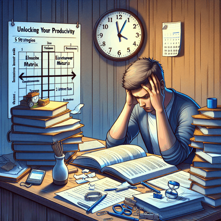 Generate an image that depicts the concept of 'Unlocking Your Productivity: 5 Strategies for Overwhelmed Students'. The scene should include various symbolic elements such as an overwhelmed Caucasian male student studying with books piled up, a clock on the wall indicating time management as a key theme. Also, illustrate strategies like the 'Eisenhower Matrix' and the 'Two-Minute Rule'. Perhaps depict the Eisenhower Matrix as a four-quadrant chart on a piece of paper, and the Two-Minute Rule as a sand timer. These items should be laid out on the desk in front of the student, suggesting practical steps to improve study habits.