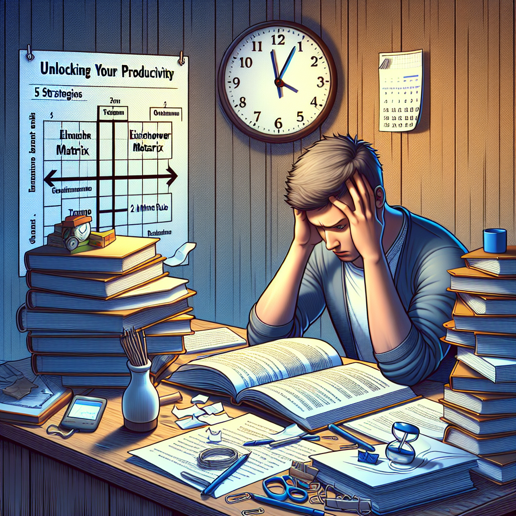 Generate an image that depicts the concept of 'Unlocking Your Productivity: 5 Strategies for Overwhelmed Students'. The scene should include various symbolic elements such as an overwhelmed Caucasian male student studying with books piled up, a clock on the wall indicating time management as a key theme. Also, illustrate strategies like the 'Eisenhower Matrix' and the 'Two-Minute Rule'. Perhaps depict the Eisenhower Matrix as a four-quadrant chart on a piece of paper, and the Two-Minute Rule as a sand timer. These items should be laid out on the desk in front of the student, suggesting practical steps to improve study habits.