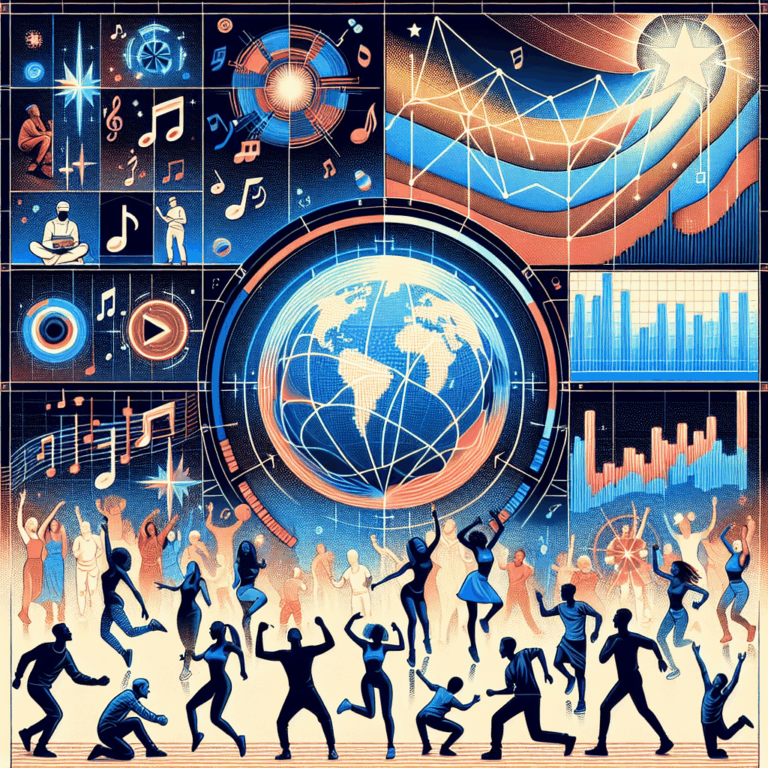 An image illustrating the impact of modern digital platforms on popular music. Envision a screen filled with abstract depictions of music symbols and dance silhouettes. Short video clips showing various dance challenges, with people of diverse gender and descents like Caucasian, Hispanic, Black, and South Asian, engaging in different dance styles. Alongside these, track the rise of a song's popularity through enriching visual charts. The intertwining of choreography and music symbols should be visible, representing the synergy between dance challenges and music consumption. Also depict the notion of 'digital fame' as a twinkling star circling the globe.